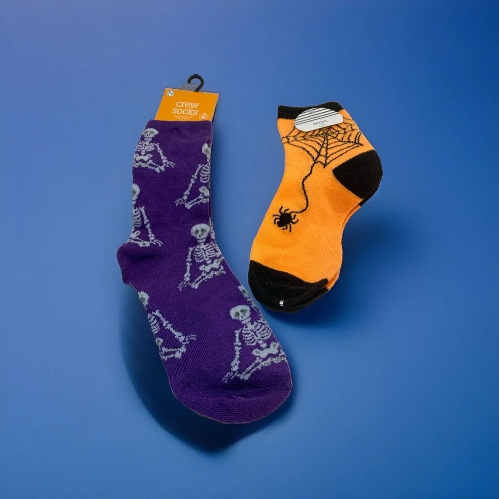 Halloween Socks Bundle purple with skeletons and orange with spiders‎ two pairs